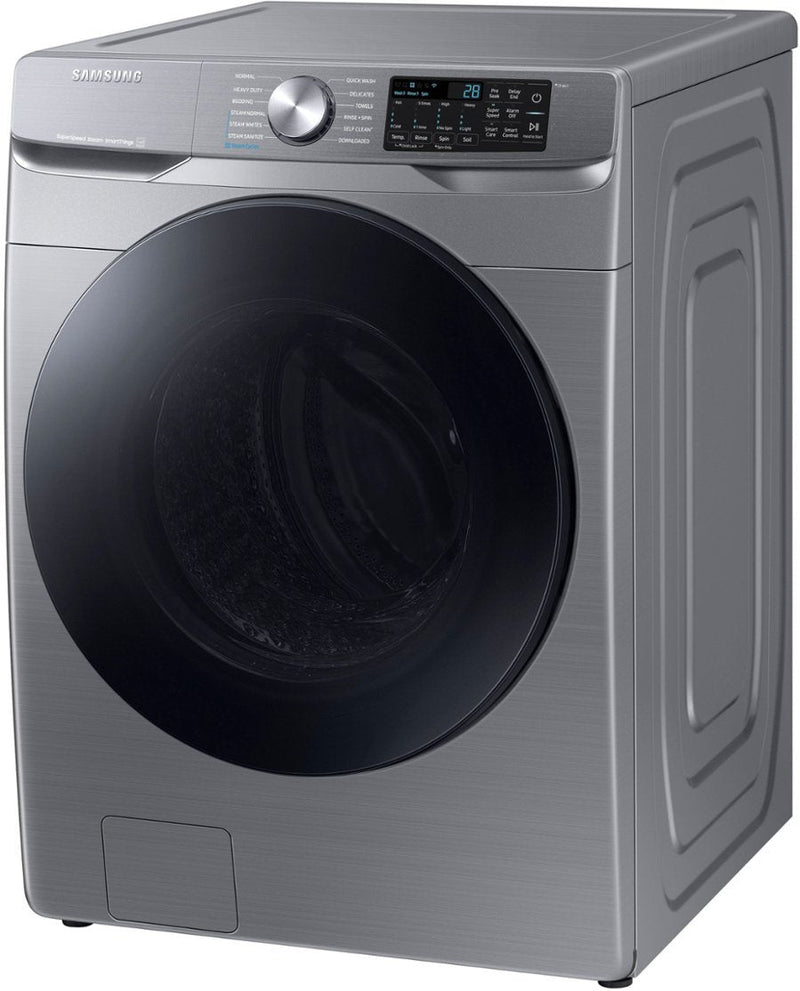 Clearance Samsung 4.5 cu. ft. Stackable Front Load Washer in Silver with Spin Speed Option, Water Heater, and Wi-Fi Connectivity